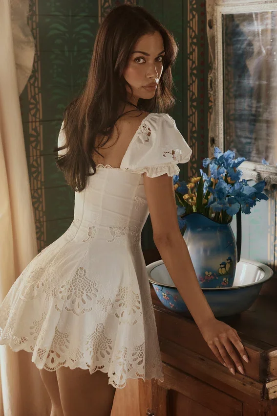 Lavina White Custom Lace + Cotton Broderie Anglaise Mini Dress Lavina White Custom Lace + Cotton Broderie Anglaise Mini Dress