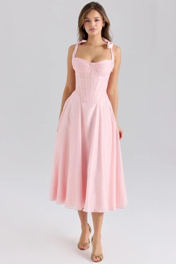 Leia Pink Chiffon Tie Strap Midi Dress Leia Pink Chiffon Tie Strap Midi Dress
