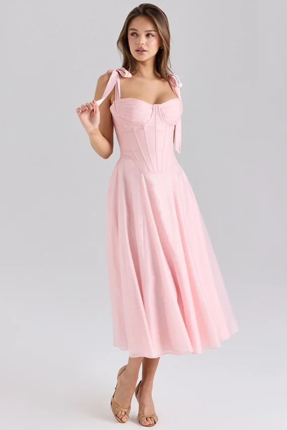 Leia Pink Chiffon Tie Strap Midi Dress Leia Pink Chiffon Tie Strap Midi Dress
