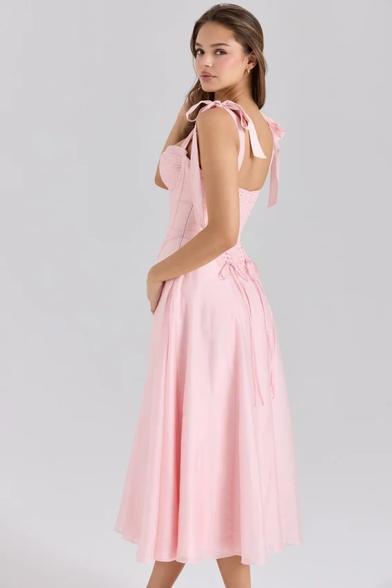 Leia Pink Chiffon Tie Strap Midi Dress Leia Pink Chiffon Tie Strap Midi Dress