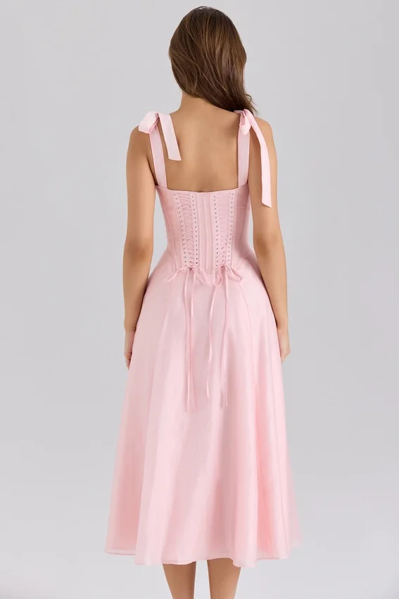 Leia Pink Chiffon Tie Strap Midi Dress Leia Pink Chiffon Tie Strap Midi Dress