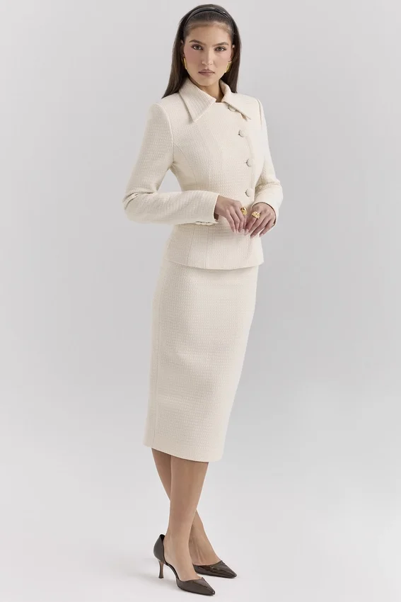 Lena Cream Boucle Pencil Midi Skirt Lena Cream Boucle Pencil Midi Skirt