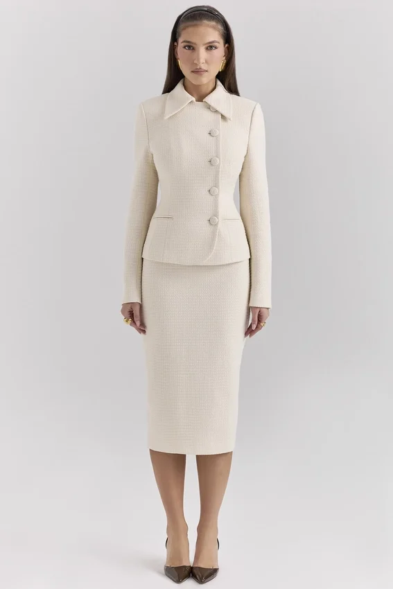 Lena Cream Boucle Pencil Midi Skirt Lena Cream Boucle Pencil Midi Skirt
