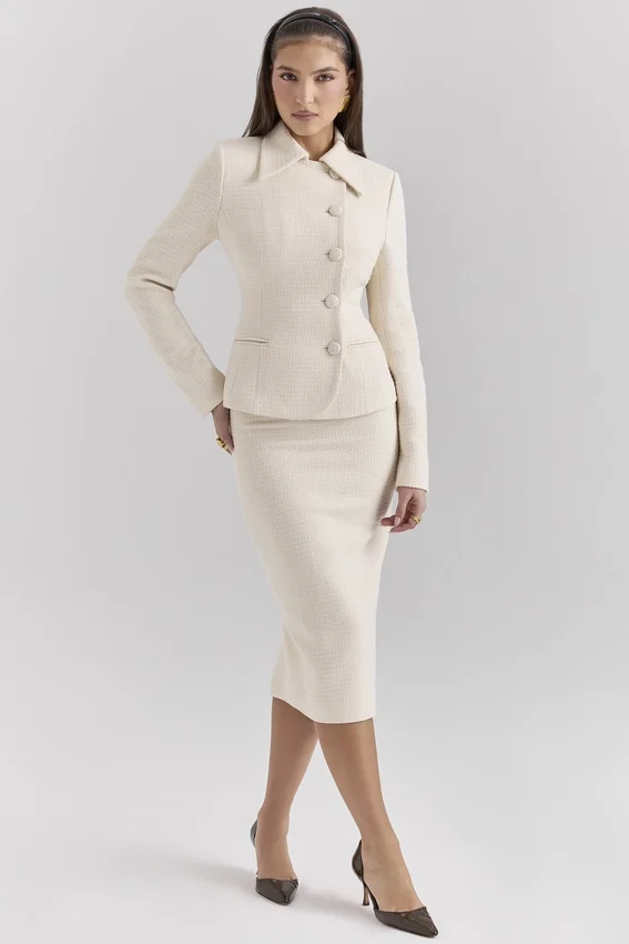 Lena Cream Boucle Pencil Midi Skirt Lena Cream Boucle Pencil Midi Skirt