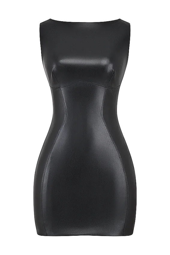Leola Black Vegan Leather Mini Dress Leola Black Vegan Leather Mini Dress
