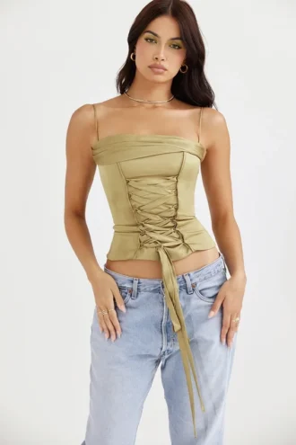Letitia Olive Satin Lace Up Corset
