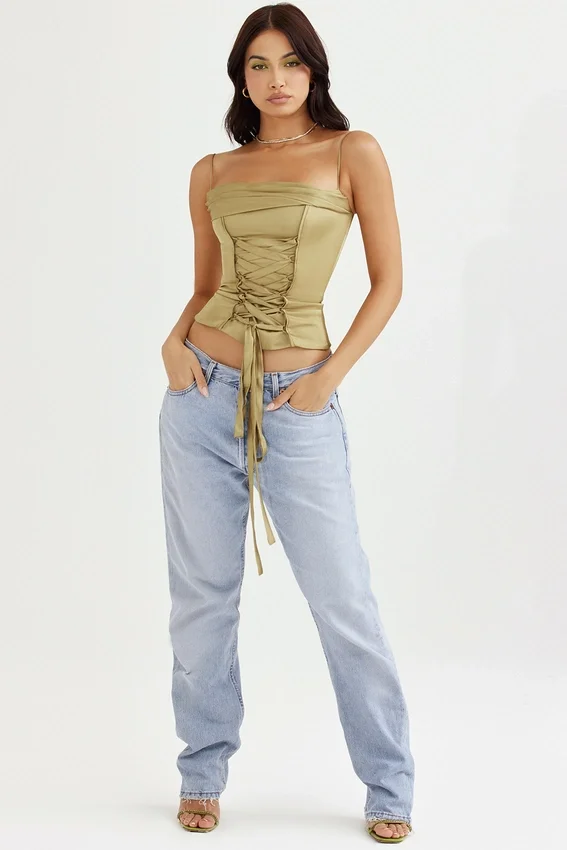 Letitia Olive Satin Lace Up Corset Letitia Olive Satin Lace Up Corset