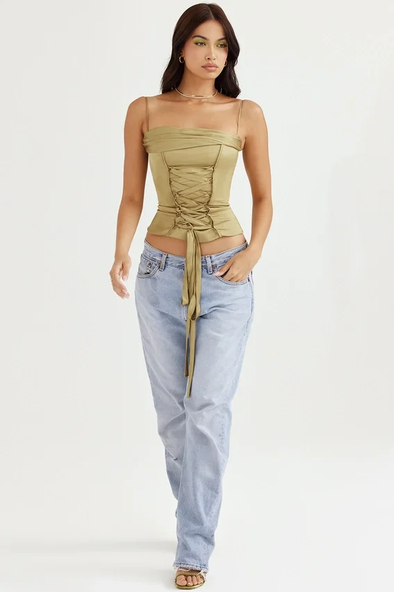 Letitia Olive Satin Lace Up Corset Letitia Olive Satin Lace Up Corset