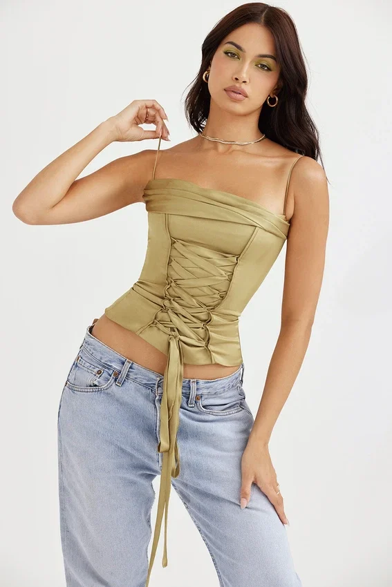 Letitia Olive Satin Lace Up Corset Letitia Olive Satin Lace Up Corset