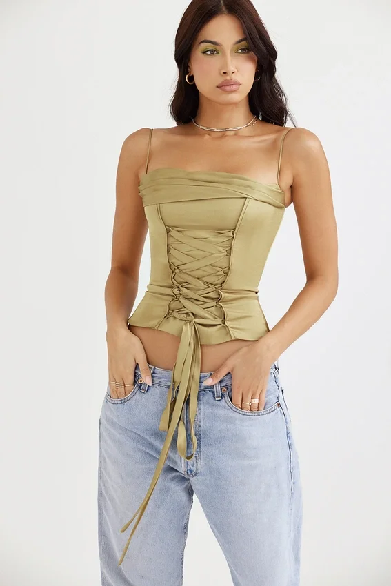 Letitia Olive Satin Lace Up Corset Letitia Olive Satin Lace Up Corset