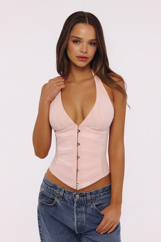 Lia Pink Satin Halter Neck Corset Top Lia Pink Satin Halter Neck Corset Top