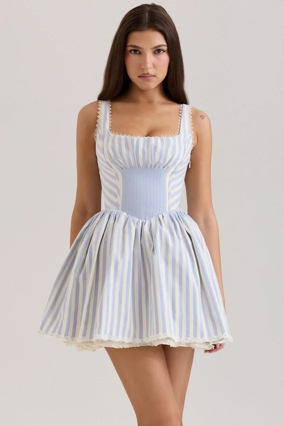 Liesl Blue Striped Pintucked Mini Dress Liesl Blue Striped Pintucked Mini Dress