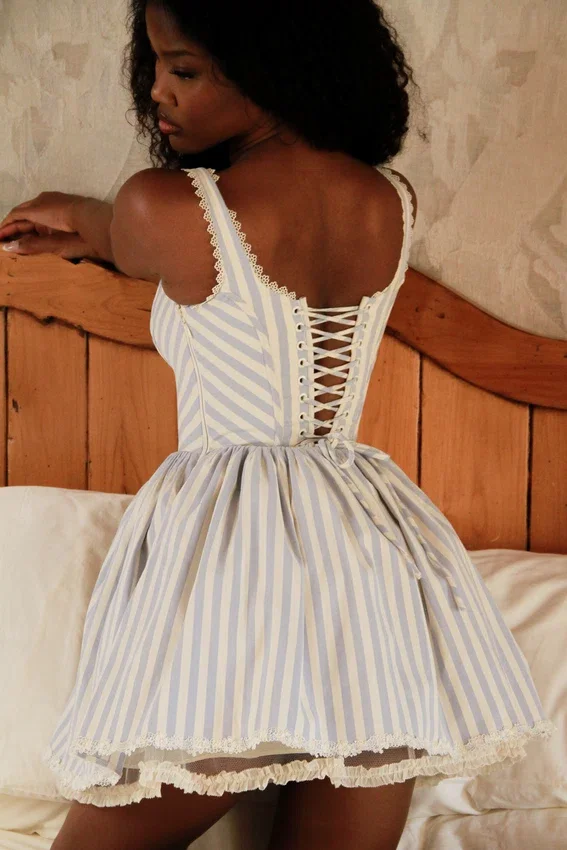 Liesl Blue Striped Pintucked Mini Dress Liesl Blue Striped Pintucked Mini Dress