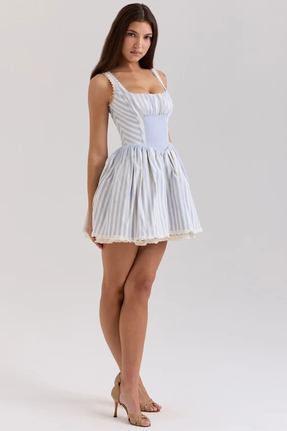 Liesl Blue Striped Pintucked Mini Dress Liesl Blue Striped Pintucked Mini Dress