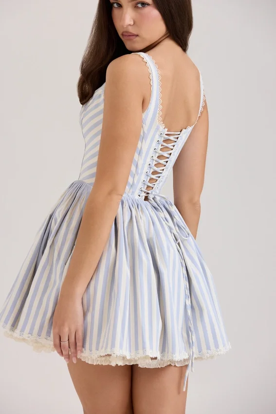 Liesl Blue Striped Pintucked Mini Dress Liesl Blue Striped Pintucked Mini Dress