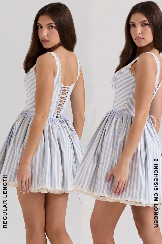 Liesl Blue Striped Pintucked Mini Dress Liesl Blue Striped Pintucked Mini Dress