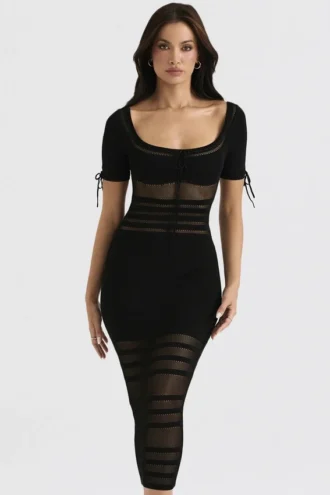 Lilla Black Openwork Knit Midi Dress