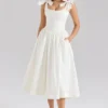 Lillia White Stretch Cotton Bow Midi Dress Lillia White Stretch Cotton Bow Midi Dress
