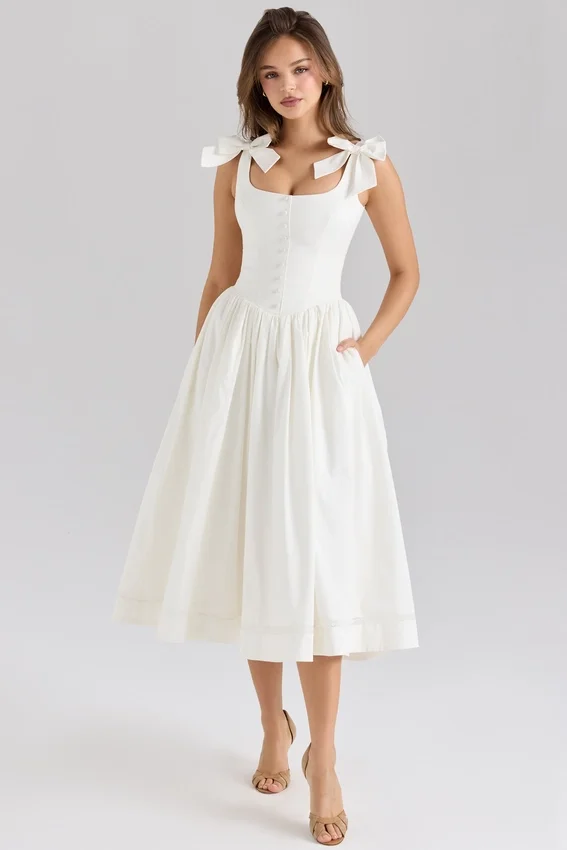 Lillia White Stretch Cotton Bow Midi Dress Lillia White Stretch Cotton Bow Midi Dress