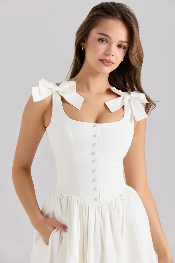 Lillia White Stretch Cotton Bow Midi Dress Lillia White Stretch Cotton Bow Midi Dress