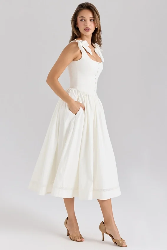 Lillia White Stretch Cotton Bow Midi Dress Lillia White Stretch Cotton Bow Midi Dress