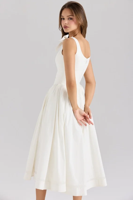 Lillia White Stretch Cotton Bow Midi Dress Lillia White Stretch Cotton Bow Midi Dress