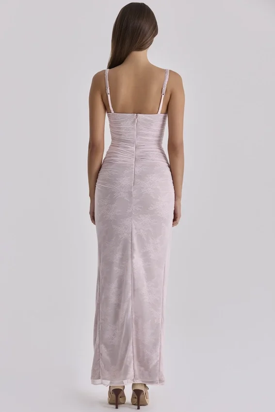 Lini Baby Pink Lace Mesh Maxi Dress Lini Baby Pink Lace Mesh Maxi Dress