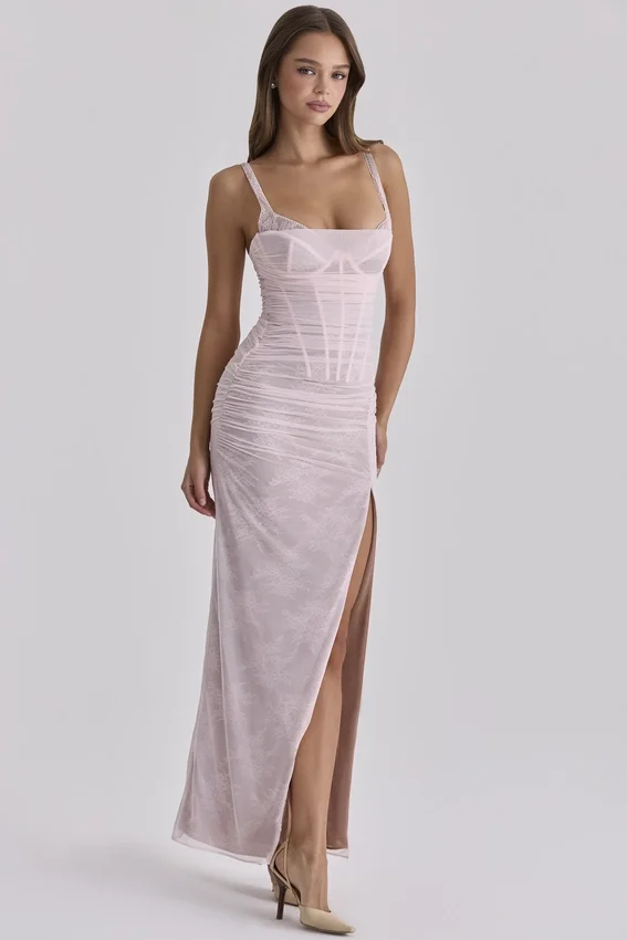 Lini Baby Pink Lace Mesh Maxi Dress Lini Baby Pink Lace Mesh Maxi Dress