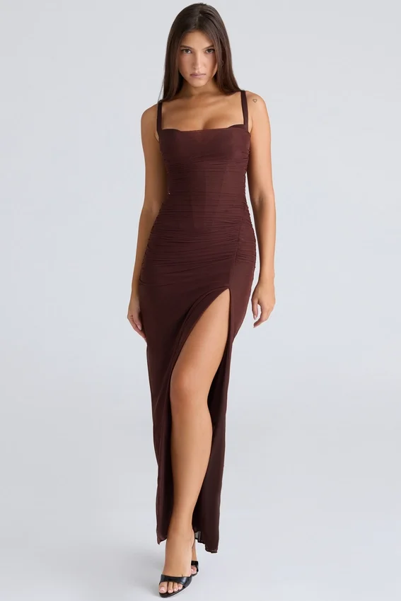 Lini Burgundy Stretch Mesh Maxi Dress Lini Burgundy Stretch Mesh Maxi Dress