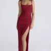 Lini Deep Red Stretch Mesh Corset Maxi Dress Lini Deep Red Stretch Mesh Corset Maxi Dress