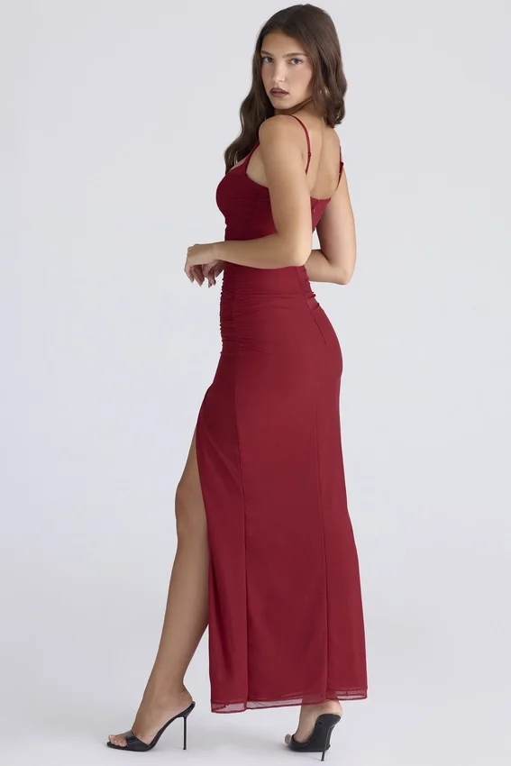Lini Deep Red Stretch Mesh Corset Maxi Dress Lini Deep Red Stretch Mesh Corset Maxi Dress