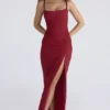 Lini Deep Red Stretch Mesh Corset Maxi Dress Lini Deep Red Stretch Mesh Corset Maxi Dress