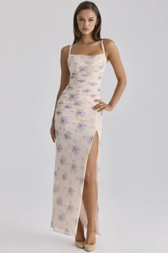Lini Ivory Sweet Peony Print Stretch Mesh Maxi Dress