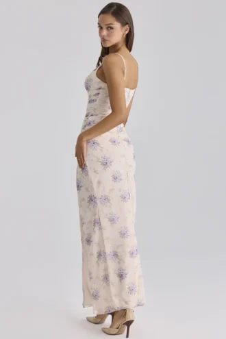 Lini Ivory Sweet Peony Print Stretch Mesh Maxi Dress