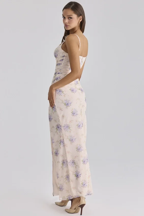 Lini Ivory Sweet Peony Print Stretch Mesh Maxi Dress Lini Ivory Sweet Peony Print Stretch Mesh Maxi Dress
