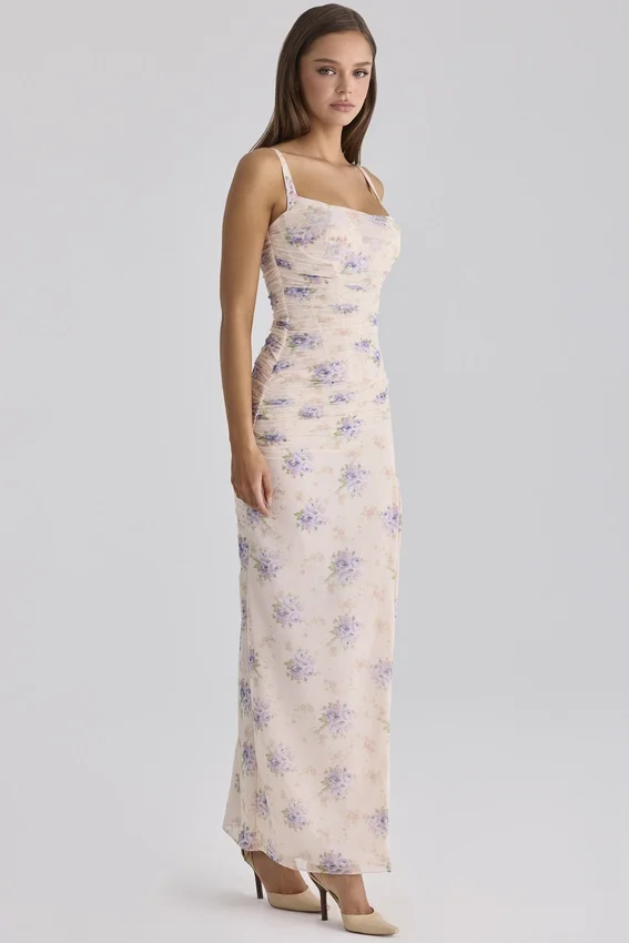 Lini Ivory Sweet Peony Print Stretch Mesh Maxi Dress Lini Ivory Sweet Peony Print Stretch Mesh Maxi Dress