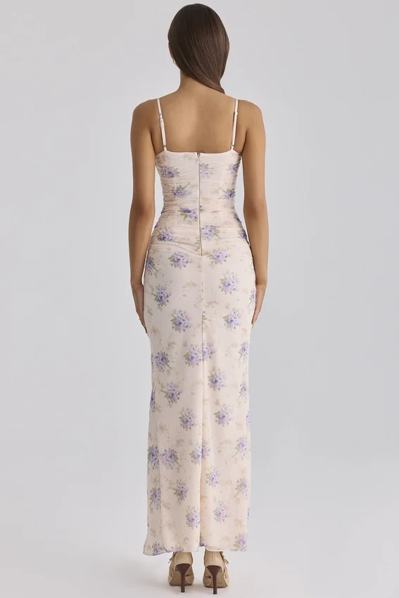 Lini Ivory Sweet Peony Print Stretch Mesh Maxi Dress Lini Ivory Sweet Peony Print Stretch Mesh Maxi Dress
