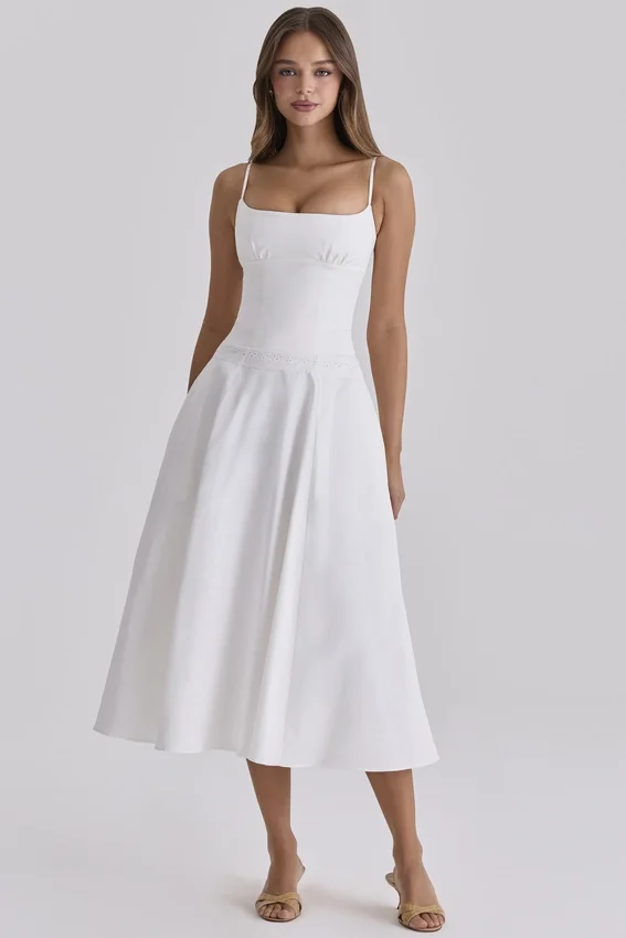 Liora White Cotton Broderie Anglaise Trim Midi Sundress Liora White Cotton Broderie Anglaise Trim Midi Sundress