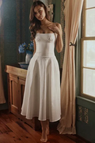 Liora White Cotton Broderie Anglaise Trim Midi Sundress