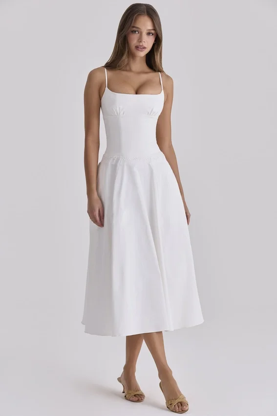 Liora White Cotton Broderie Anglaise Trim Midi Sundress Liora White Cotton Broderie Anglaise Trim Midi Sundress