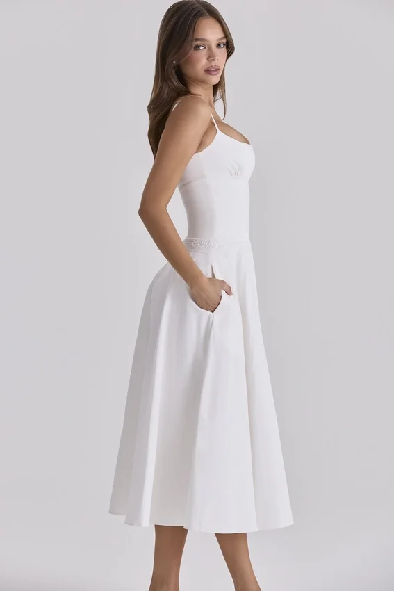 Liora White Cotton Broderie Anglaise Trim Midi Sundress Liora White Cotton Broderie Anglaise Trim Midi Sundress