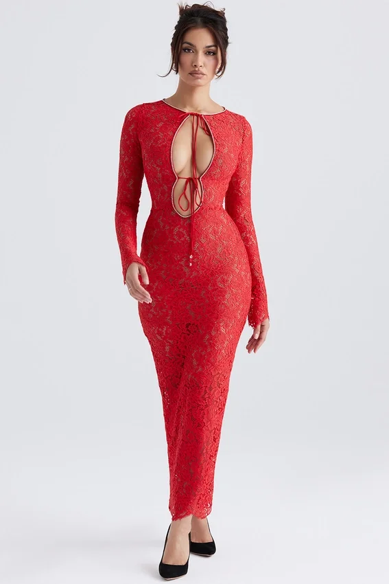 Lisandra Red Lace Maxi Dress Lisandra Red Lace Maxi Dress