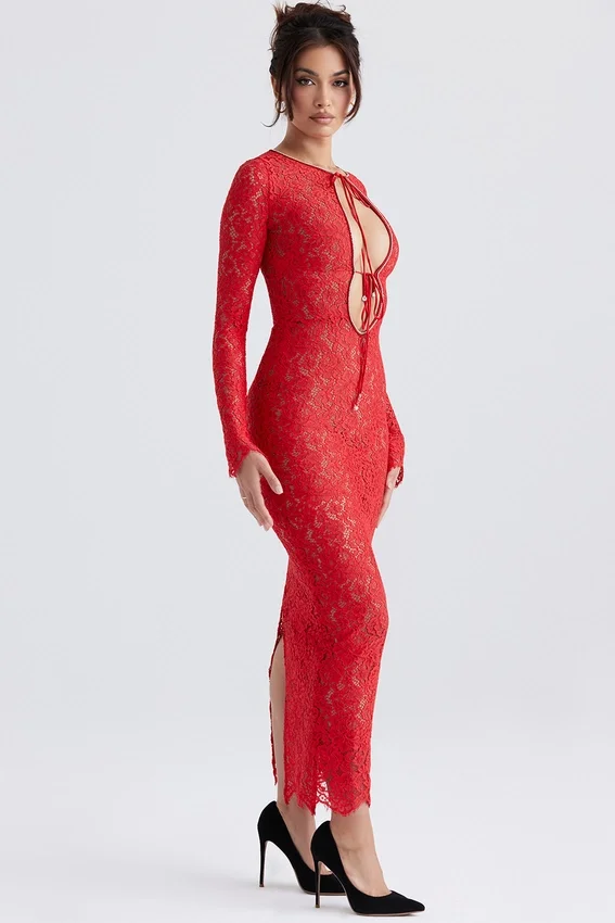 Lisandra Red Lace Maxi Dress Lisandra Red Lace Maxi Dress