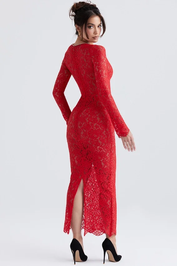 Lisandra Red Lace Maxi Dress Lisandra Red Lace Maxi Dress