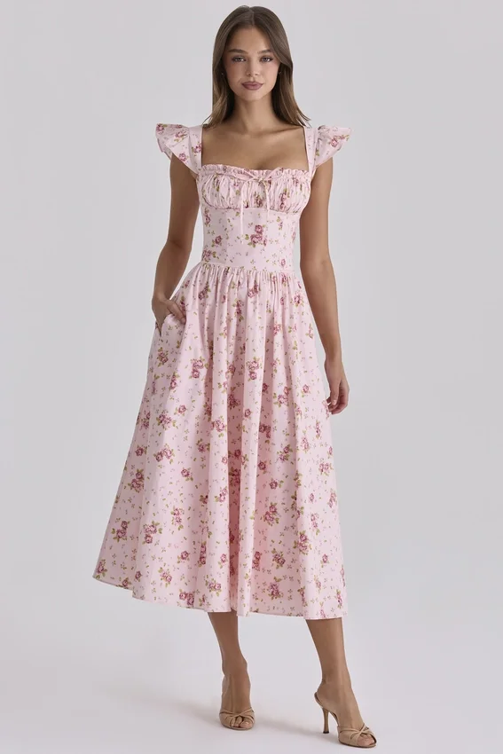 Livia Pink Vintage Rose Cotton Midi Sundress Livia Pink Vintage Rose Cotton Midi Sundress