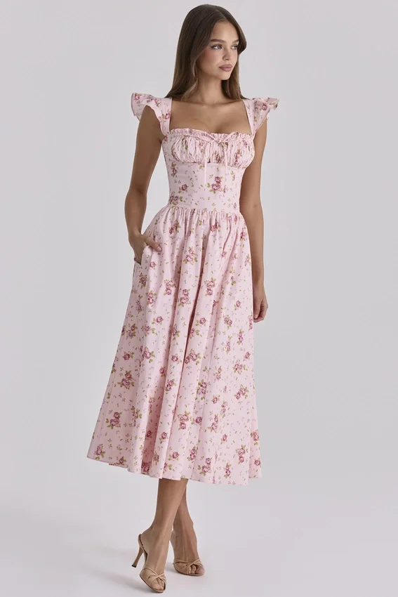 Livia Pink Vintage Rose Cotton Midi Sundress Livia Pink Vintage Rose Cotton Midi Sundress