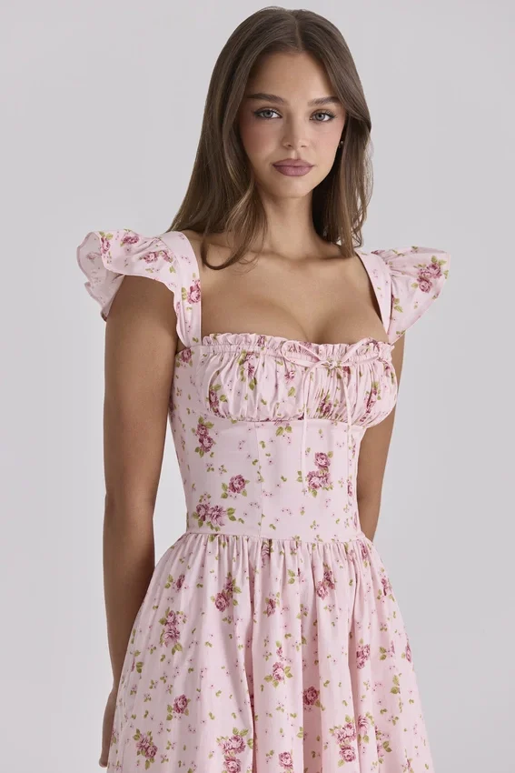 Livia Pink Vintage Rose Cotton Midi Sundress Livia Pink Vintage Rose Cotton Midi Sundress