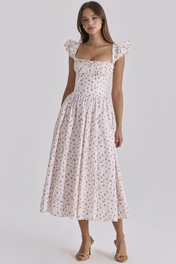 Livia White Rose Print Cotton Midi Sundress Livia White Rose Print Cotton Midi Sundress