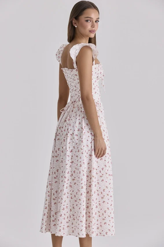 Livia White Rose Print Cotton Midi Sundress Livia White Rose Print Cotton Midi Sundress