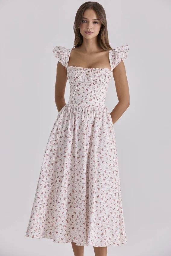Livia White Rose Print Cotton Midi Sundress Livia White Rose Print Cotton Midi Sundress